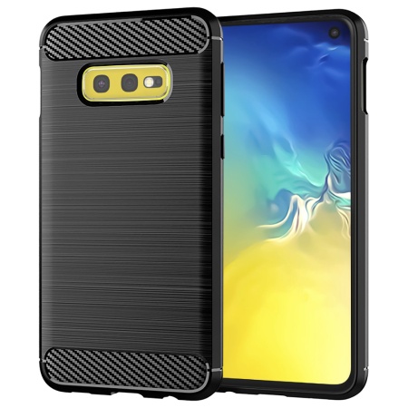 Husa pentru Samsung Galaxy S10e, SKYDDAR INNOVATION, Carbon Silicone, din Silicon Slim, cu textura Fibra Carbon, set cu sticker, Negru