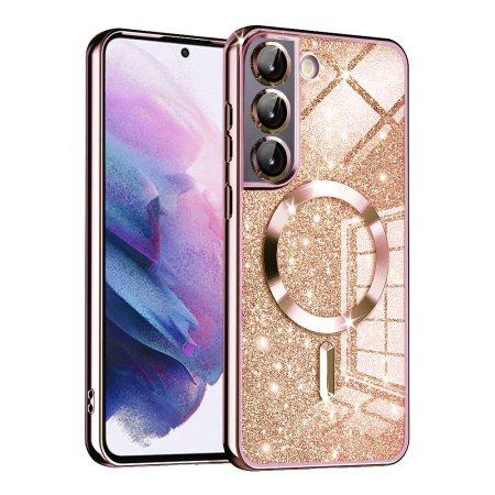 Husa pentru Samsung Galaxy S22 5G Design Antisoc, Fundal Detasabil 2-in-1, Protectie Superioara, Margini Ridicate, SKDR Glitter - Roz auriu