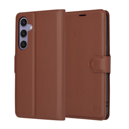Husa pentru Samsung Galaxy S24 Plus, SKYDDAR INNOVATION, Leather Folio tip Carte, cu Portofel Interior, Finisaje Premium, set cu sticker, Maro