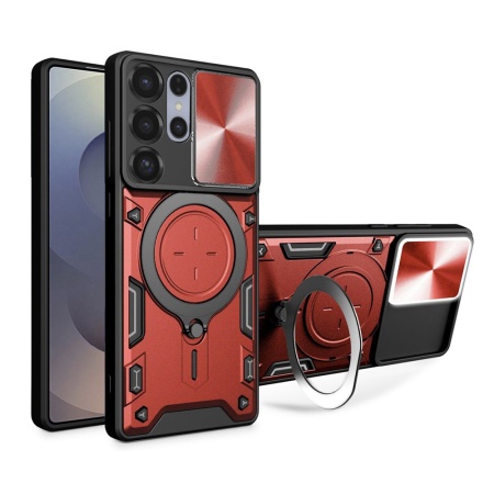 Husa pentru Samsung Galaxy S25 Ultra, SKYDDAR INNOVATION, CamGuard Pro, Inel Magnetic, Protectie Camera, set cu sticker, Rosu