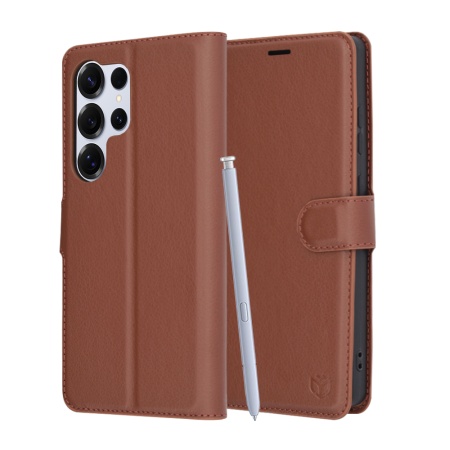 Husa pentru Samsung Galaxy S25 Ultra, SKYDDAR INNOVATION, Leather Folio tip Carte, cu Portofel Interior, Finisaje Premium, set cu sticker, Maro