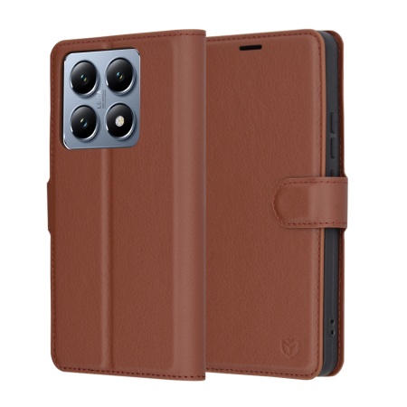 Husa pentru Xiaomi 14T Pro, SKYDDAR INNOVATION, Leather Folio tip Carte, cu Portofel Interior, Finisaje Premium, set cu sticker, Maro