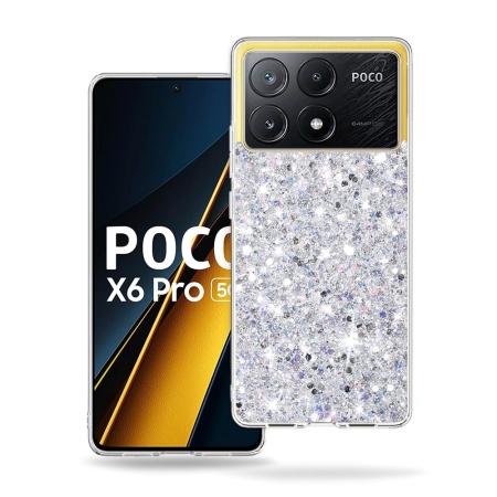 Husa pentru Xiaomi Poco X6 Pro, SKYDDAR INNOVATION, SparkleCase, din Silicon cu Sclipici, Protectie Completa, set cu sticker, Alb