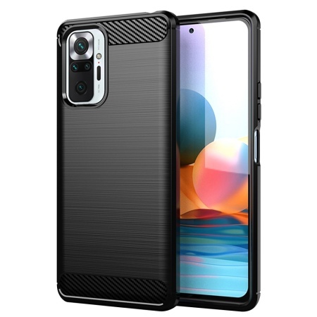 Husa pentru Xiaomi Redmi Note 10 Pro / Redmi Note 10 Pro Max, SKYDDAR INNOVATION, Carbon Silicone, din Silicon Slim, cu textura Fibra Carbon, set cu sticker, Negru