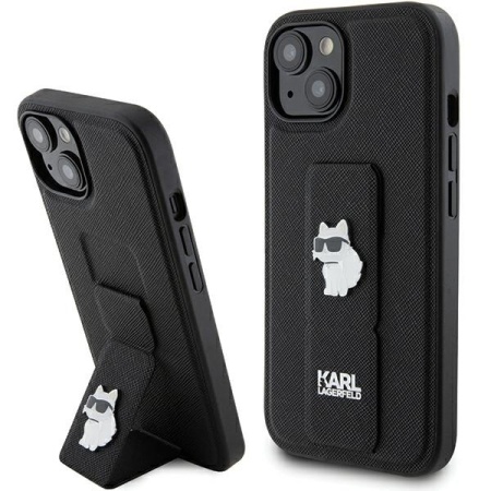 Huse pentru iPhone 15 Plus, Karl Lagerfeld, Saffiano Gripstand, Negru
