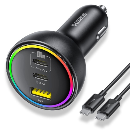 Încărcător Auto 152.5W, 2x Type-C, 1x USB-A, cablu USB-C inclus, iluminare RGB, Baseus C00036101111, Cluster Black