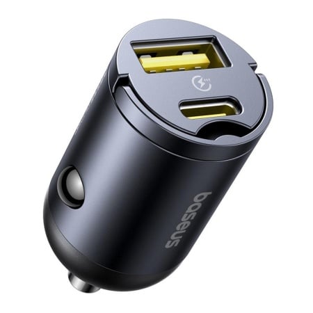 Incarcator Auto 30W, 1X Type-C, 1x USB-A, desing mini, inel de prindere, 12V la 24V, Baseus Tiny Star Mini, Negru