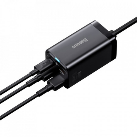 Incarcator priza GaN3 Pro cu cablu Type-C la Type-C,  2xUSB-C, PD, 65W si USB-A 5A, Baseus (CCGP040101) - Negru