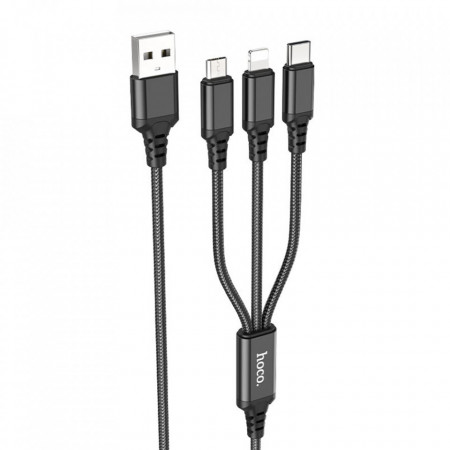 Cablu de Date 3in1 USB la Type-C, Micro-USB, Lightning, Fast Charging 2A, 1m, Hoco - Negru