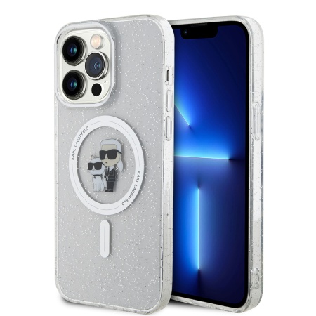 Husa iPhone 15 Pro Max Glitter MagSafe, Karl Lagerfeld - Transparent Karl & Choupette