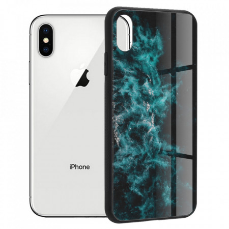 Husa iPhone X / XS cu sticla securizata, Techsuit Glaze - Blue Nebula
