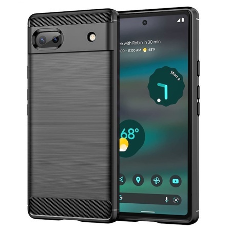 Husa pentru Google Pixel 6a, SKYDDAR INNOVATION, Carbon Silicone, din Silicon Slim, cu textura Fibra Carbon, set cu sticker, Negru