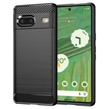 Husa pentru Google Pixel 7, SKYDDAR INNOVATION, Carbon Silicone, din Silicon Slim, cu textura Fibra Carbon, set cu sticker, Negru