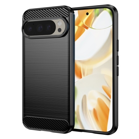 Husa pentru Google Pixel 9 / Pixel 9 Pro, SKYDDAR INNOVATION, Carbon Silicone, din Silicon Slim, cu textura Fibra Carbon, set cu sticker, Negru