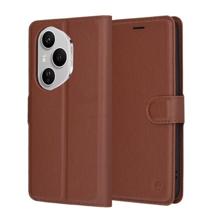 Husa pentru Honor 400 Pro, SKYDDAR INNOVATION, Leather Folio tip Carte, cu Portofel Interior, Finisaje Premium, set cu sticker, Maro
