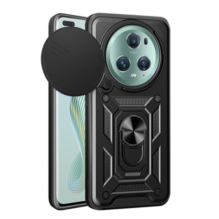 Husa pentru Honor Magic5 Pro, SKYDDAR INNOVATION, CamShield, Inel magnetic, set cu sticker, Negru