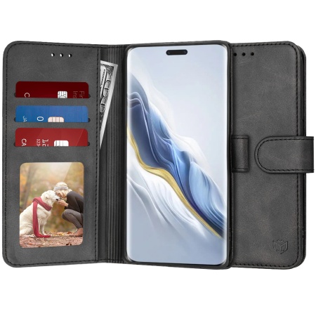 Husa pentru Honor Magic6 Pro, SKYDDAR INNOVATION, Diary Book, tip carte, cu Portofel Interior, Antisoc, Negru, set cu sticker