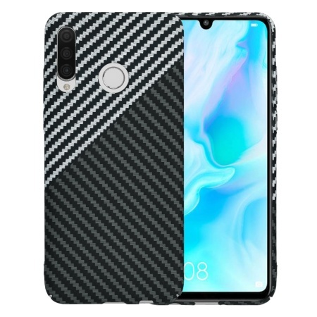 Husa pentru Huawei P30 Lite / P30 Lite New Edition, SKYDDAR INNOVATION, textura carbon, Carbonite FiberShell, set cu sticker, Gri,