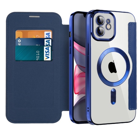 Husa pentru iPhone 11 tip carte, SKYDDAR INOVATION, SmartMag Book, Magsafe, RFiD, Suport Carduri, set cu sticker, Albastru