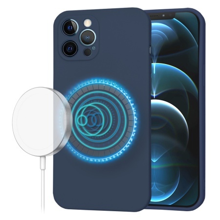 Husa pentru iPhone 12 Pro Max, SKYDDAR INNOVATION, din Silicon Catifelat, SoftFlex Magsafe, set cu sticker, Bleumarin