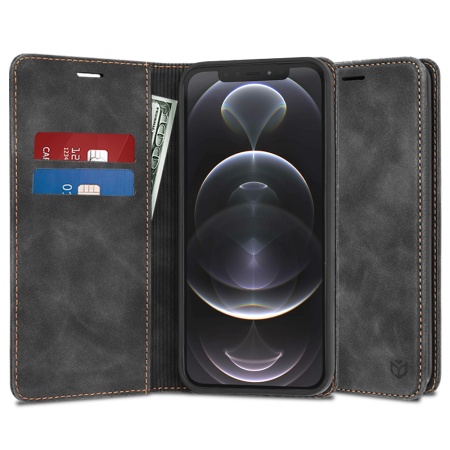 Husa pentru iPhone 12 Pro, SKYDDAR INNOVATION, Soft Wallet, tip Carte din piele Eco Premium, cu Portofel Interior, Negru, set cu sticker