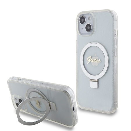 Husa pentru iPhone 15 Ring Stand Script Glitter, Guess - Transparent