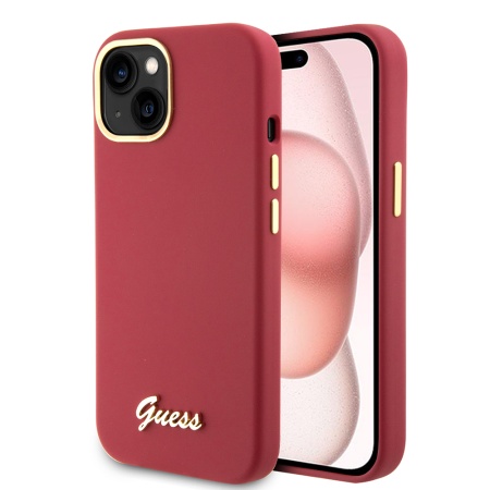 Husa pentru iPhone 15 Silicone Script Metal Logo & Frame, Guess - Rosu