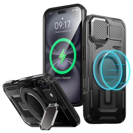 Husa pentru iPhone 16, SKYDDAR INNOVATION, CamVault MagSafe cu Protectie Camera, set cu sticker, Negru
