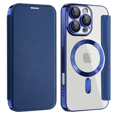 Husa pentru iPhone 17 Pro tip carte, SKYDDAR INOVATION, SmartMag Book, Magsafe, RFiD, Suport Carduri, set cu sticker, Albastru