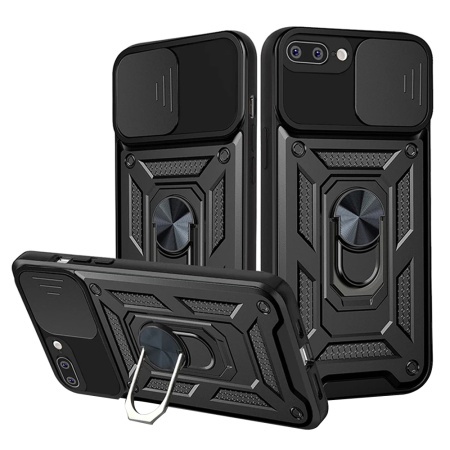 Husa pentru iPhone 8 Plus / 7 Plus, SKYDDAR INNOVATION, CamShield, Inel magnetic, set cu sticker, Negru