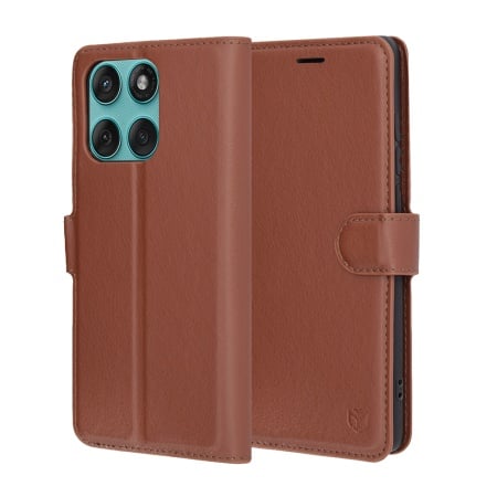 Husa pentru Motorola Edge 60 Fusion, SKYDDAR INNOVATION, Leather Wallet, tip Carte, cu Portofel Interior, Finisaje Premium, Maro, set cu sticker