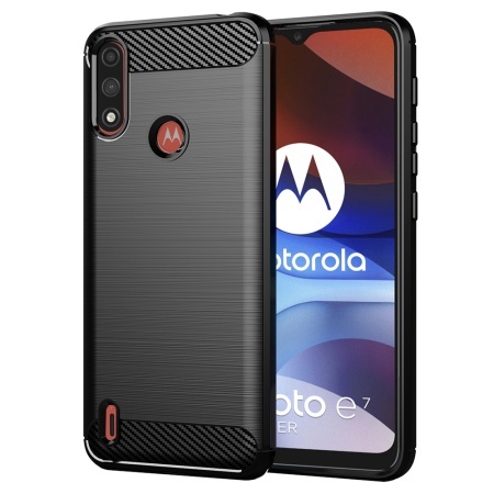 Husa pentru Motorola Moto E7 Power / Moto E7i Power, SKYDDAR INNOVATION, Carbon Silicone, din Silicon Slim, cu textura Fibra Carbon, set cu sticker, Negru