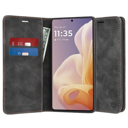 Husa pentru Motorola Moto G85, SKYDDAR INNOVATION, Soft Wallet, tip Carte din piele Eco Premium, cu Portofel Interior, Negru, set cu sticker