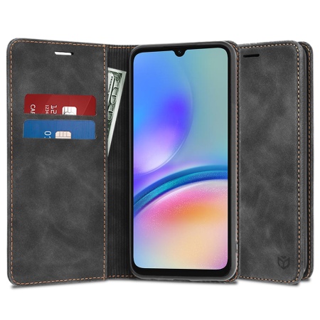 Husa pentru Samsung Galaxy A05s, SKYDDAR INNOVATION, Soft Wallet, tip Carte din piele Eco Premium, cu Portofel Interior, Negru, set cu sticker