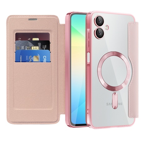 Husa pentru Samsung Galaxy A06 tip carte, SKYDDAR INOVATION, SmartMag Book, Magsafe, RFiD, Suport Carduri, set cu sticker, Roz