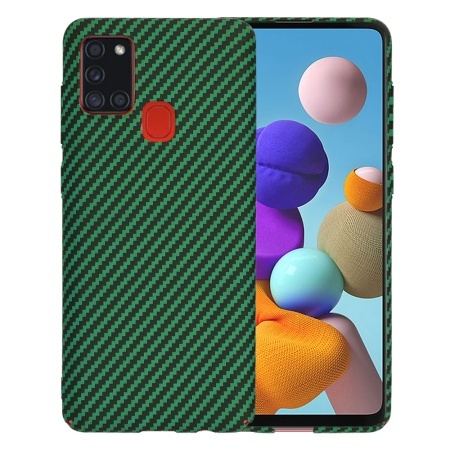 Husa pentru Samsung Galaxy A21s, SKYDDAR INNOVATION, textura carbon, Carbonite FiberShell, set cu sticker, Verde,
