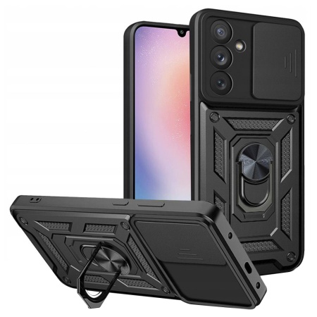 Husa pentru Samsung Galaxy A24, SKYDDAR INNOVATION, CamShield, Inel magnetic, set cu sticker, Negru
