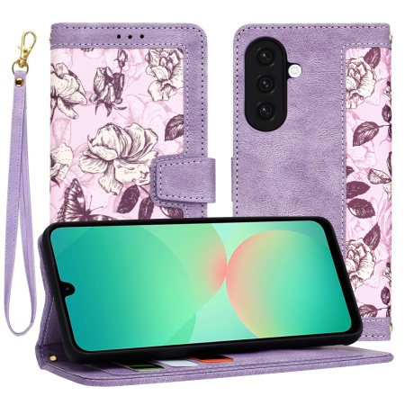 Husa pentru Samsung Galaxy A26 5G, SKYDDAR INNOVATION, Floral Wallet, din Piele Ecologică cu Design Floral, Protecție 360°, Stand Integrat, Buzunare pentru Carduri, Mov, set cu sticker