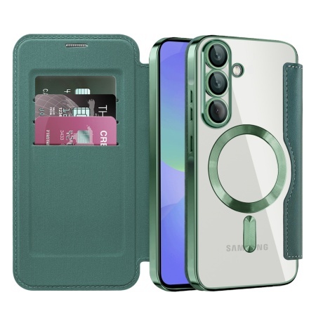 Husa pentru Samsung Galaxy A36 5G tip carte, SKYDDAR INOVATION, SmartMag Book, Magsafe, RFiD, Suport Carduri, set cu sticker, Verde