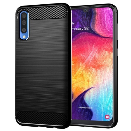 Husa pentru Samsung Galaxy A50 / Galaxy A30s / Galaxy A50s, SKYDDAR INNOVATION, Carbon Silicone, din Silicon Slim, cu textura Fibra Carbon, set cu sticker, Negru