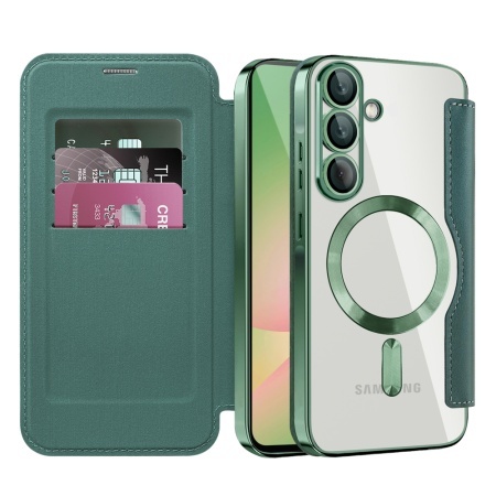 Husa pentru Samsung Galaxy A56 5G tip carte, SKYDDAR INOVATION, SmartMag Book, Magsafe, RFiD, Suport Carduri, set cu sticker, Verde