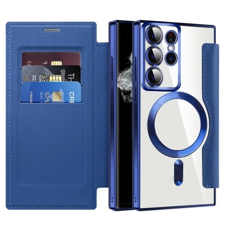 Husa pentru Samsung Galaxy S22 Ultra 5G tip carte, SKYDDAR INOVATION, SmartMag Book, Magsafe, RFiD, Suport Carduri, set cu sticker, Albastru