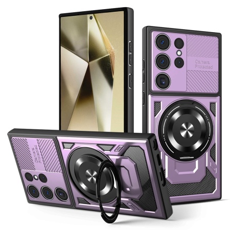 Husa pentru Samsung Galaxy S24 Ultra, SKYDDAR INNOVATION, RuggedCam, Inel magnetic antisoc, set cu sticker, Mov