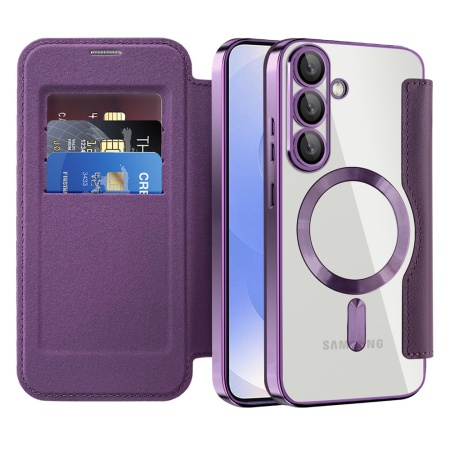 Husa pentru Samsung Galaxy S25 tip carte, SKYDDAR INOVATION, SmartMag Book, Magsafe, RFiD, Suport Carduri, set cu sticker, Mov