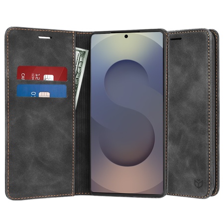 Husa pentru Samsung Galaxy S25 Ultra, SKYDDAR INNOVATION, Soft Wallet, tip Carte din piele Eco Premium, cu Portofel Interior, Negru, set cu sticker