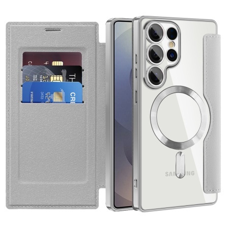 Husa pentru Samsung Galaxy S25 Ultra tip carte, SKYDDAR INOVATION, SmartMag Book, Magsafe, RFiD, Suport Carduri, set cu sticker, Gri