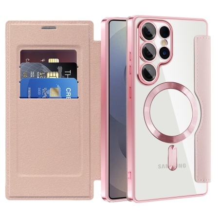 Husa pentru Samsung Galaxy S25 Ultra tip carte, SKYDDAR INOVATION, SmartMag Book, Magsafe, RFiD, Suport Carduri, set cu sticker, Roz