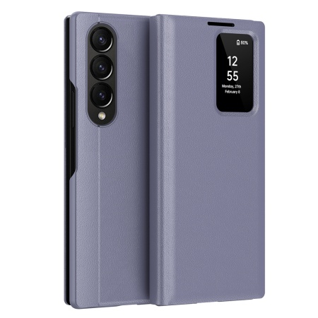 Husa pentru Samsung Galaxy Z Fold3 5G tip carte, Skyddar, cu portofel si SmartView, Premium, set cu sticker, Mov