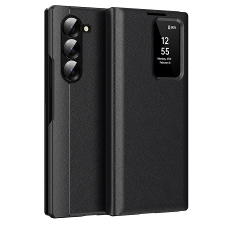 Husa pentru Samsung Galaxy Z Fold5 tip carte, Skyddar, cu portofel si SmartView, Premium, set cu sticker, Negru