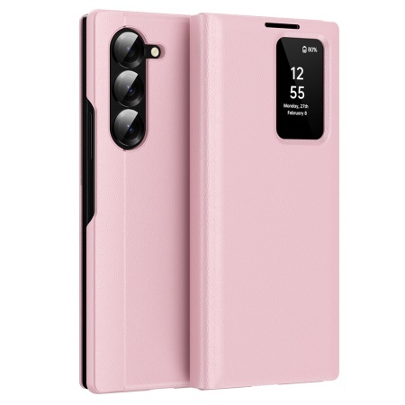 Husa pentru Samsung Galaxy Z Fold6 tip carte, Skyddar, cu portofel si SmartView, Premium, set cu sticker, Roz
